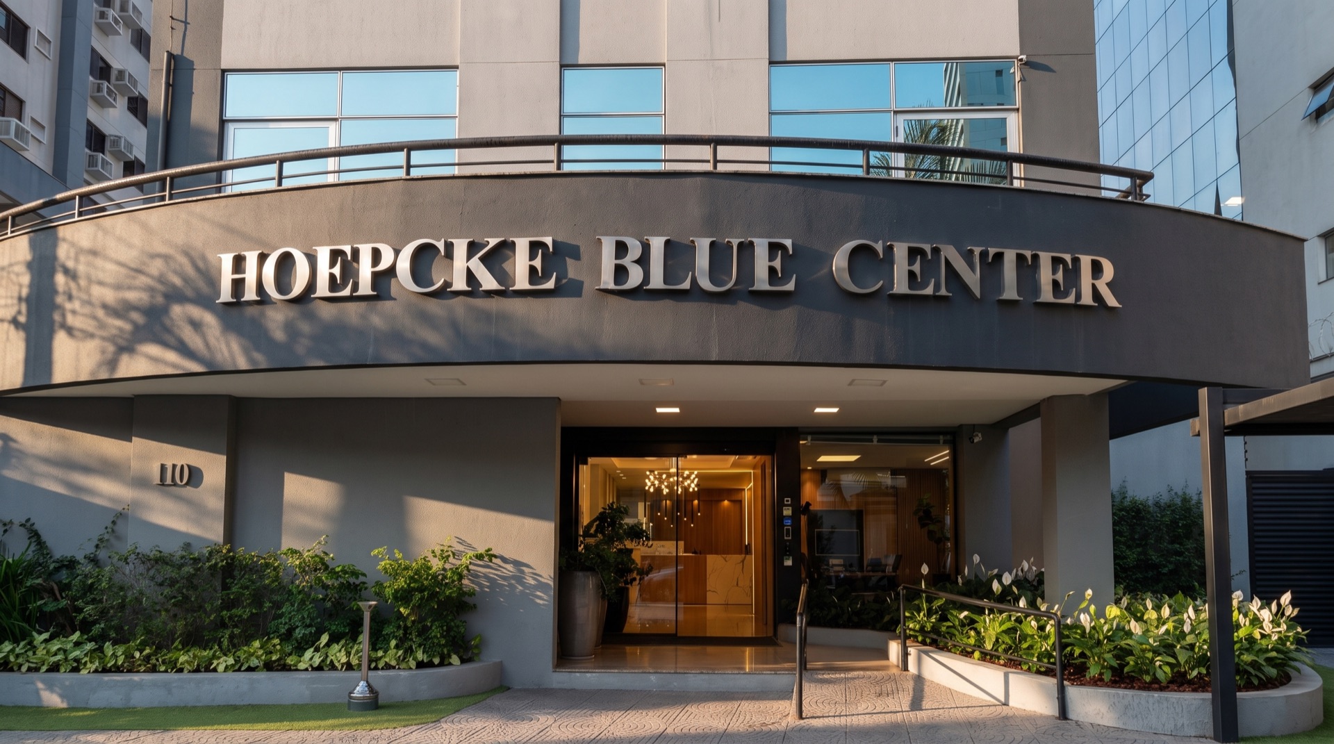 Entrada do Hoepcke Blue Center, com o hall iluminado